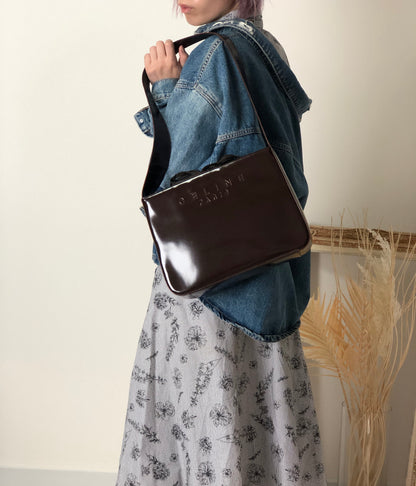 CELINE Logo Embossed Shoulder bag Brown Vintage e4mff8