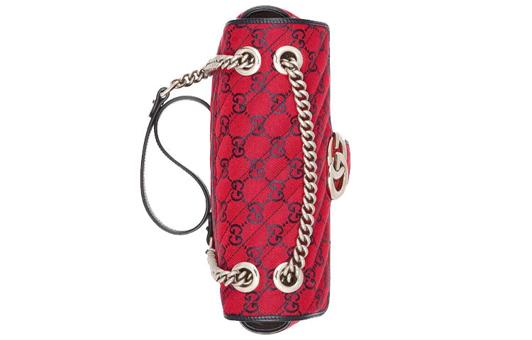 (WMNS) GUCCI GG Marmont Silver Label Logo Pattern Colorblock Leather Canvas Chain Shoulder Messenger Bag Small Red / Navy Blue Valentine's Day Limited 443497-2UZCV-6477