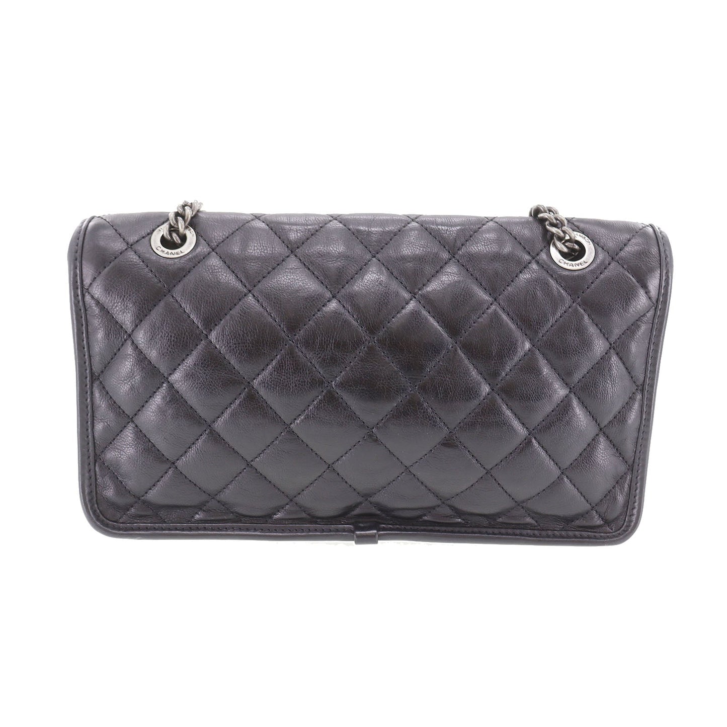 CHANEL Matelasse Frap French Riviera  Shoulder Bag Black Leather #CY690