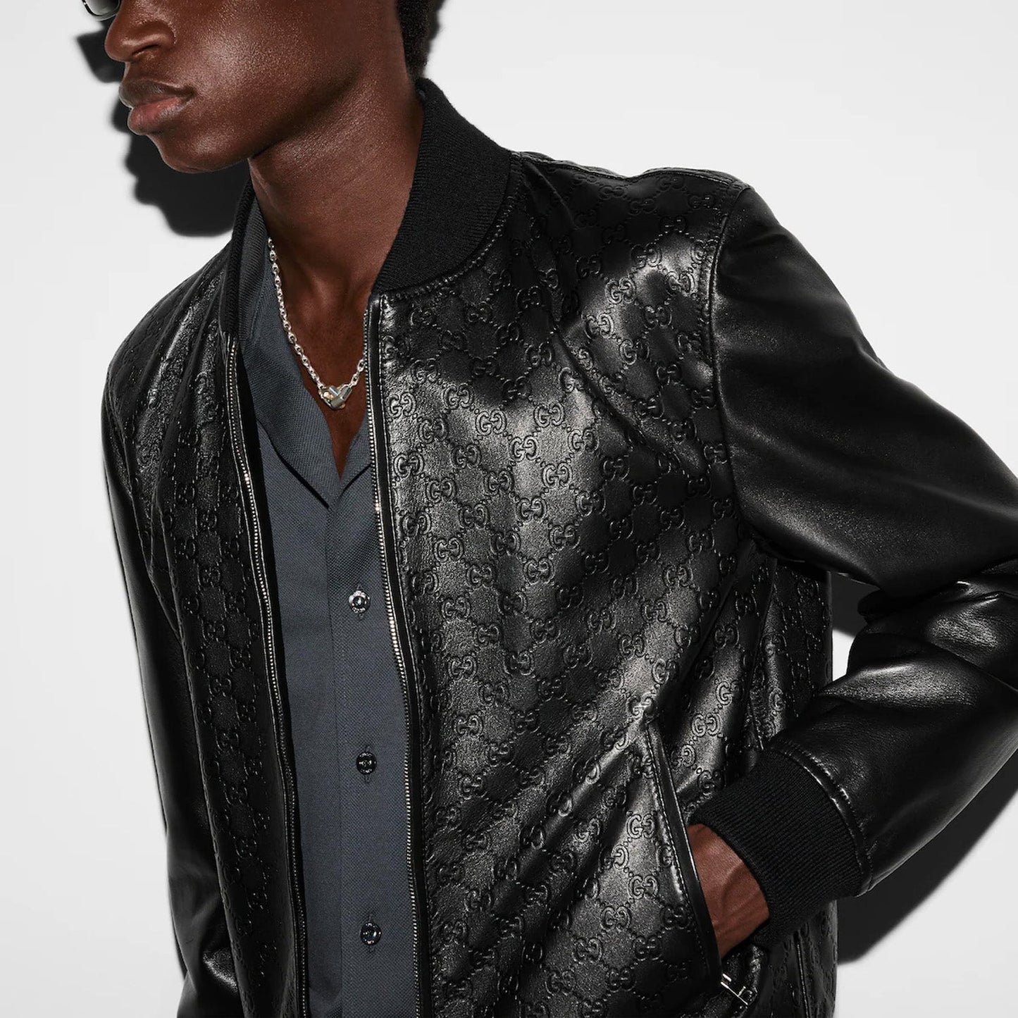 Gucci Embossed Gg Leather Bomber Jacket