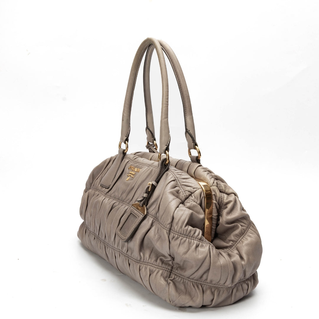 Prada Grey Nappa Gaufre Leather Top Handle Bag