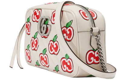 (WMNS) Gucci GG Marmont Silver Logo Apple Pattern Leather Chain Shoulder Messenger Bag Small White / Red Valentine's Day limited 447632-1W9AN-9086