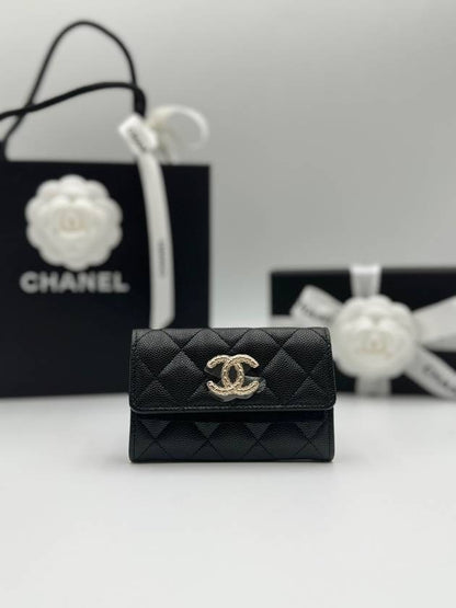 CC Logo Flap Caviar Card Wallet Black Chanel