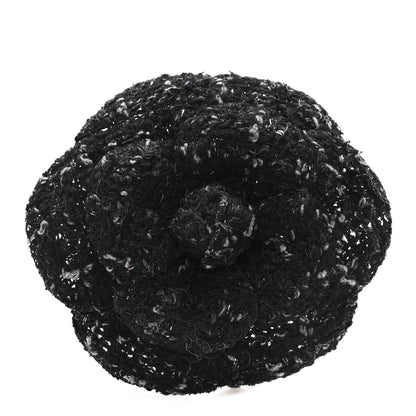Tweed Camellia Pin Brooch Black Gray
