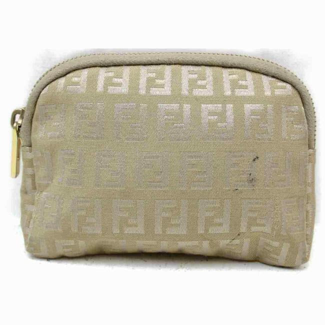 Fendi White Zucchino Print on Taupe Canvas And Leather Clutch/Cosmetic Bag