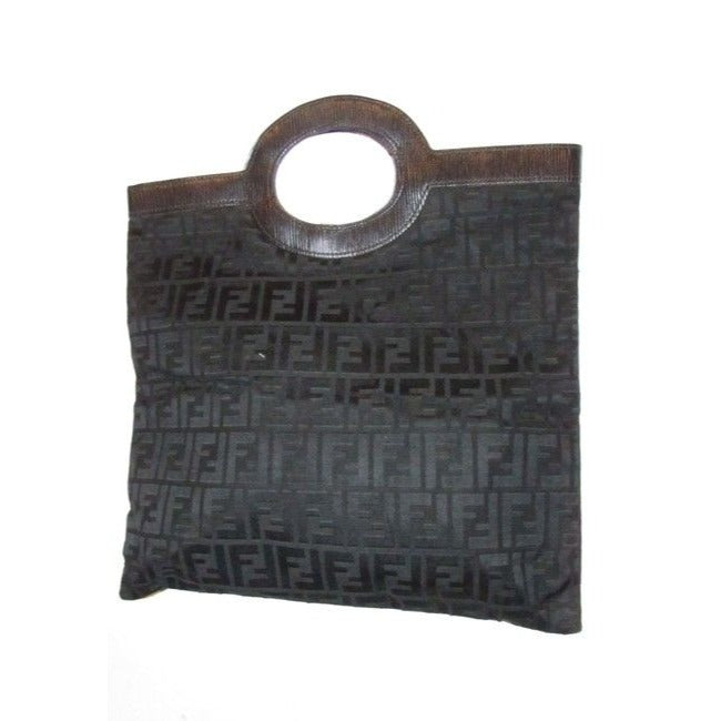 Fendi Black Zucca Print Leather & Canvas Top Handle Runaway Porthole Tote