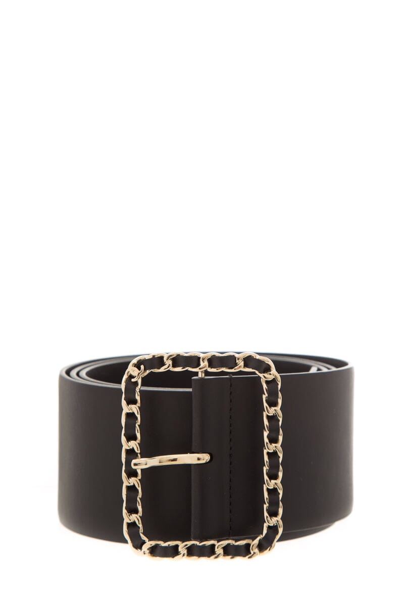 Chanel Black Leather Woven Buckle Wide Belt SZ 95/38