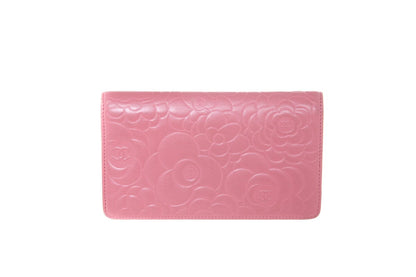 Chanel Pink Leather Camellia Embossed Long Wallet