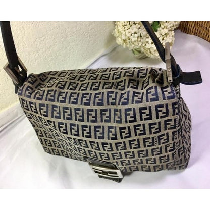 Fendi W Mamma Forever Canvasleather Chrome Ff Navy Zucchino Print On Grey Canvas And Leather Shoulde