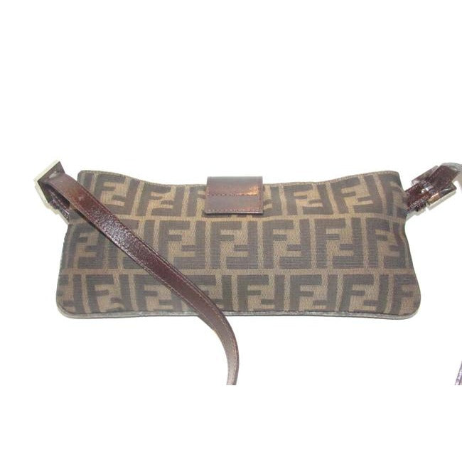 Fendi Zucco Print In Brown Canvas & Leather Baguette Style Shoulder/Cross Body Bag