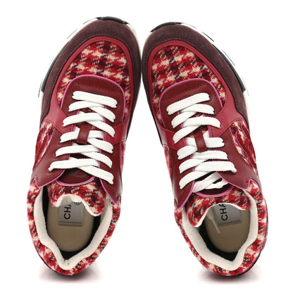 Wool Tweed Suede Calfskin Womens CC Sneakers 36 Red White Dark Brown Burgundy