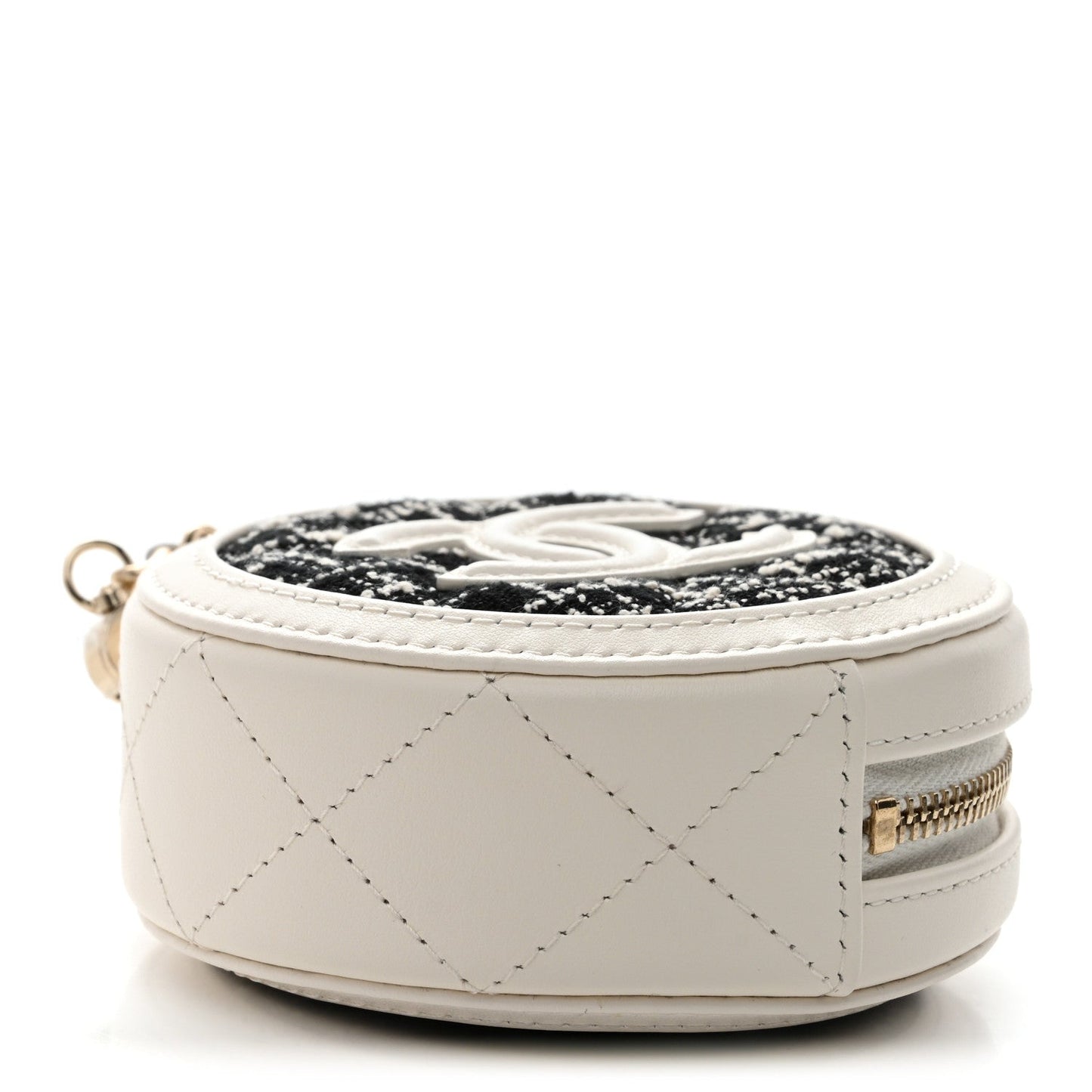 Tweed Quilted Round Filigree Pouch With Chain White Black