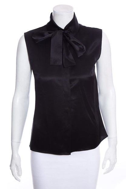 Chanel Black Silk Satin Tie Neck Tank SZ 36