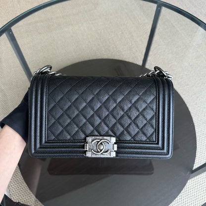 Chanel Boy Medium - Caviar 25CM Quilted Black Ruthenium Silver Hardware Series 23