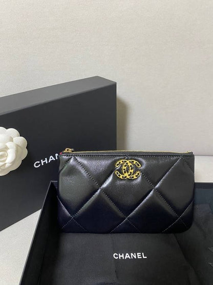 Nineteen Gold Logo Small Lambskin Pouch Bag Black Chanel