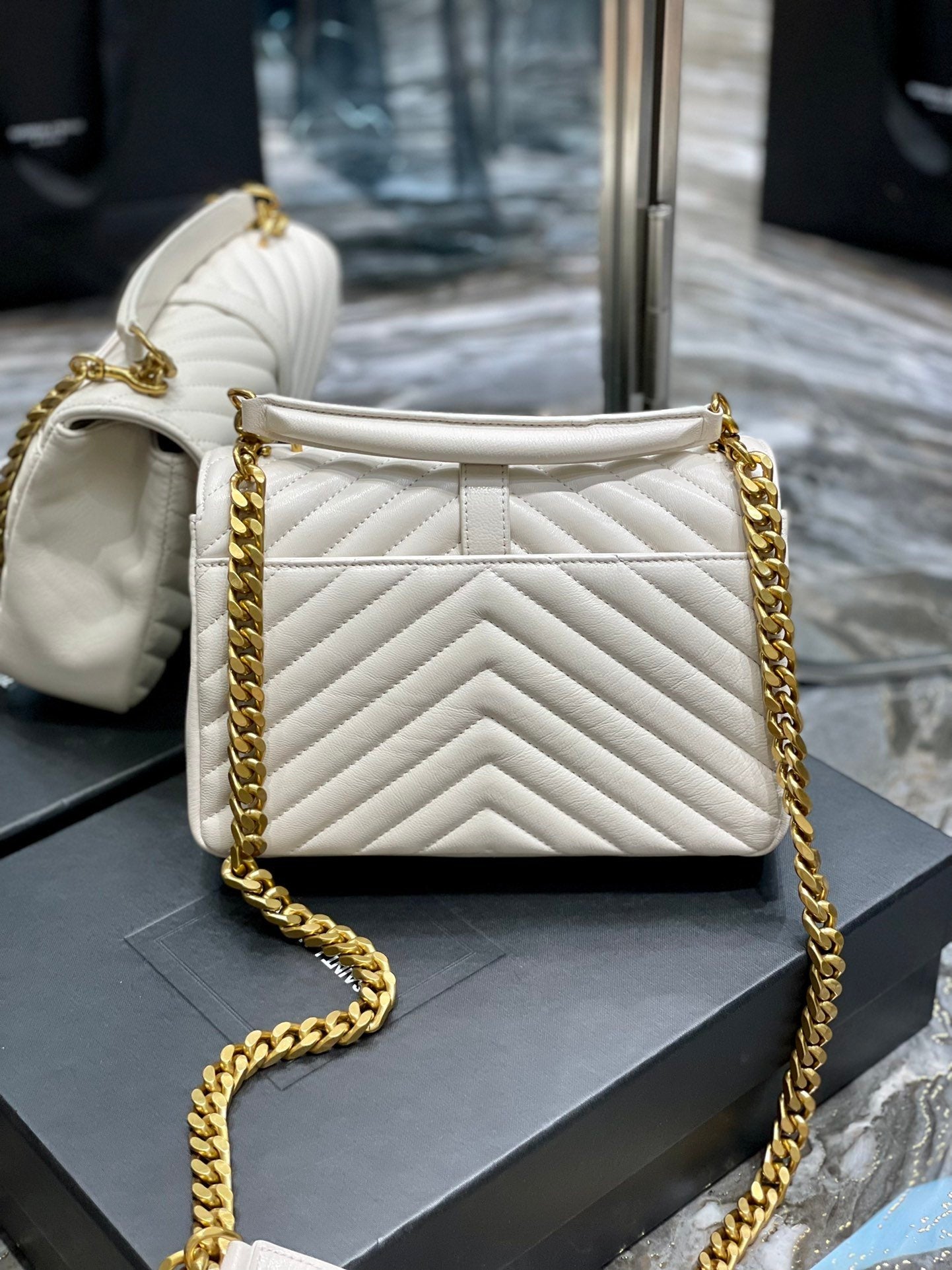 Yves Saint Laurent College Medium Chain Bag White Gold Toned Hardware