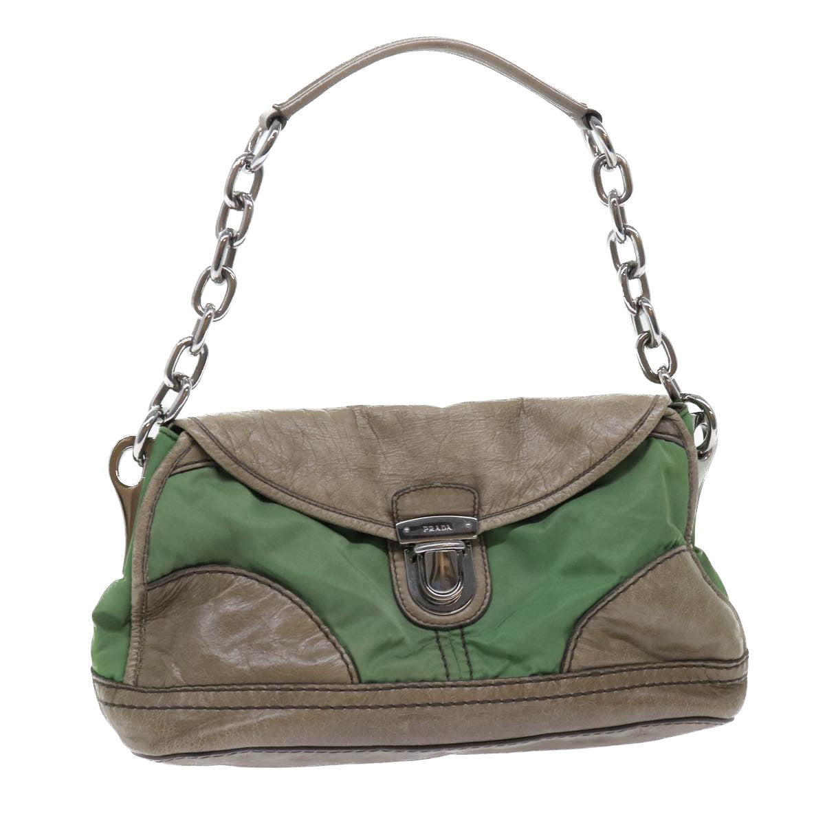 Prada Chain Hand Bag Nylon Leather Green  50152