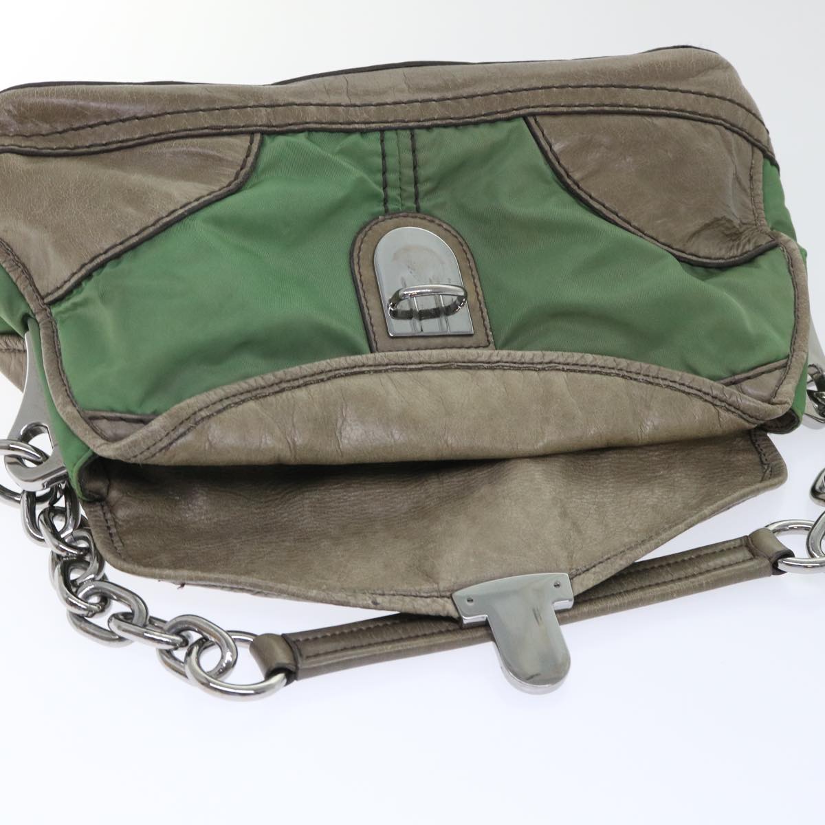 Prada Chain Hand Bag Nylon Leather Green  50152