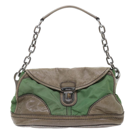 Prada Chain Hand Bag Nylon Leather Green  50152