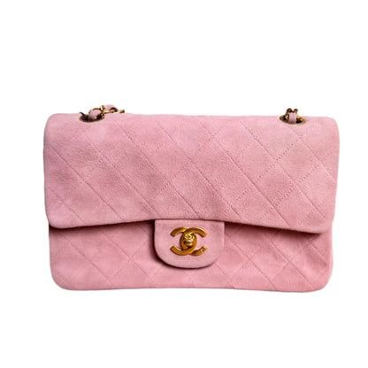 Chanel Classic Flap Vintage Small Pink Suede Leather with 24k Gold HW, 1991-1994