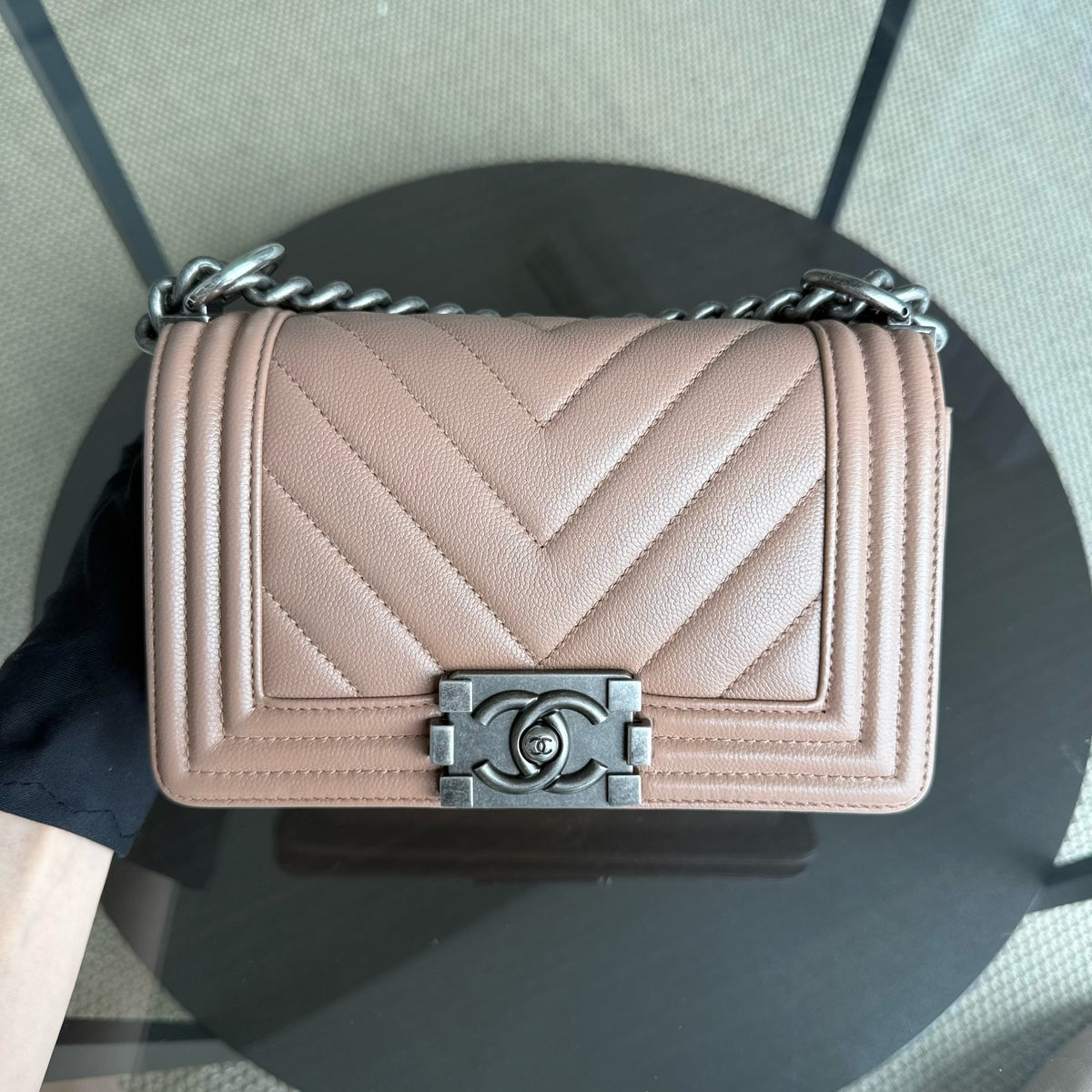 Chanel Boy Small - Caviar Chevron 23CM Dark Beige Blush Ruthenium Silver Hardware Series 24