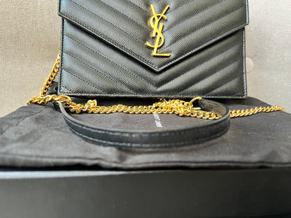 Yves Saint Laurent (YSL) Black Cassandra Envelope Chain Wallet