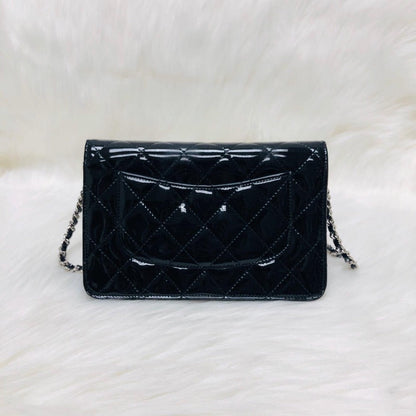 Wallet on Chain WOC with SHW in Black Quilted Patent Leather