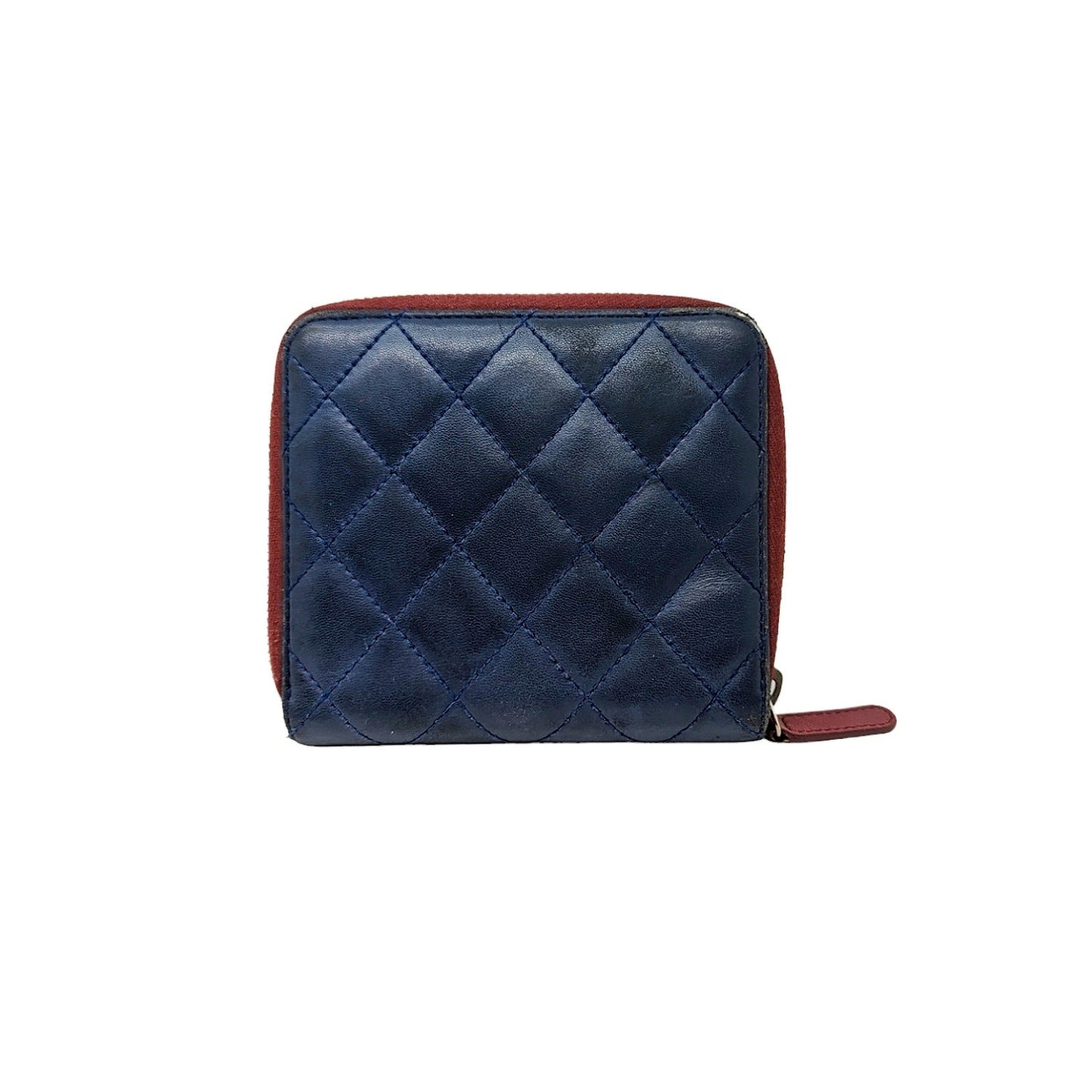 Chanel Blue Bicolor Quilted Maroon Trim Compact Zip Around Wallet