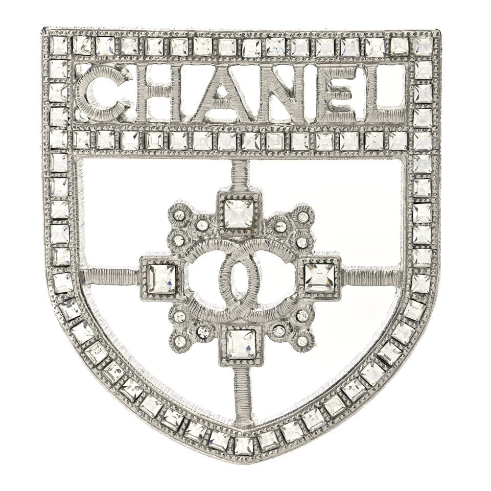 Swarovski Baguette Crystal CC Shield Brooch Silver