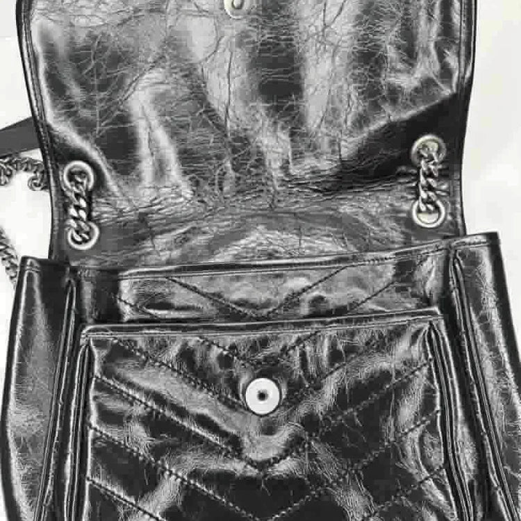 YSL Crinkled Calfskin Matelasse Monogram Baby Niki Chain Satchel, Black Leather, Medium