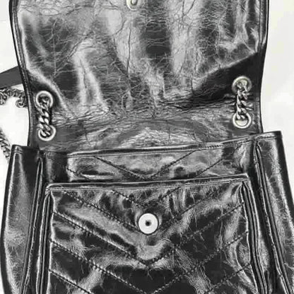 YSL Crinkled Calfskin Matelasse Monogram Baby Niki Chain Satchel, Black Leather, Medium