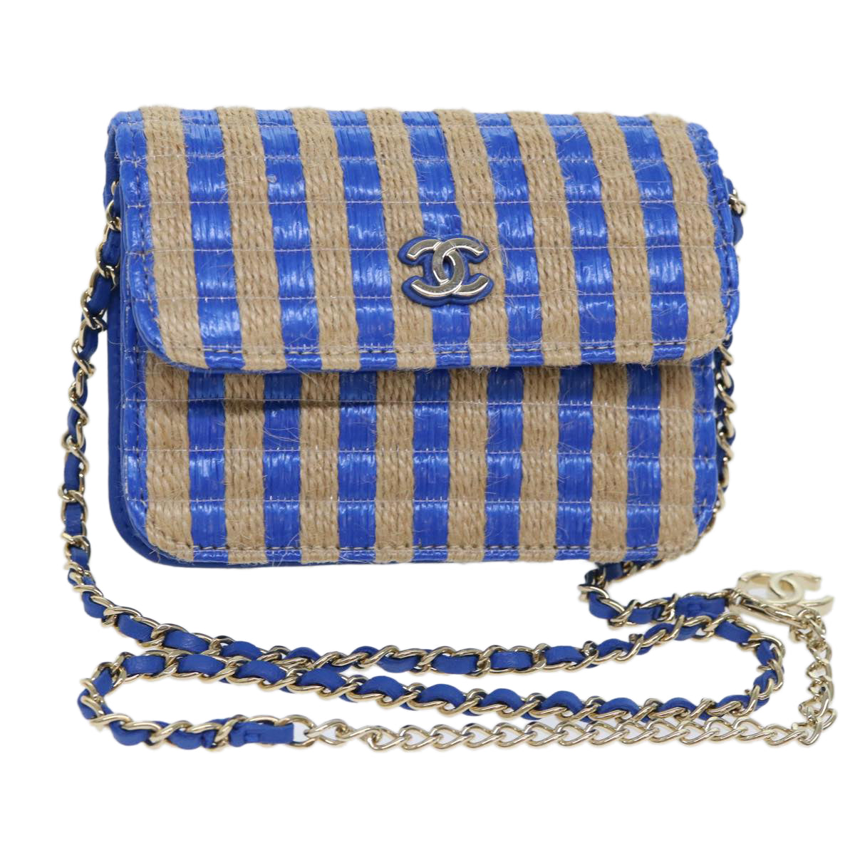 Chanel Chain Shoulder Bag Raffia Blue Beige CC Auth A