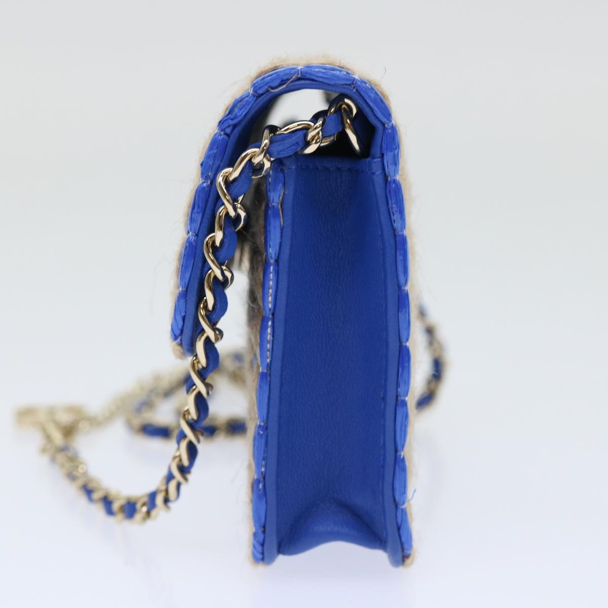 Chanel Chain Shoulder Bag Raffia Blue Beige CC Auth A