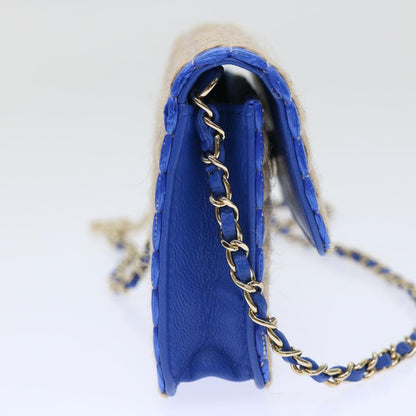 Chanel Chain Shoulder Bag Raffia Blue Beige CC Auth A