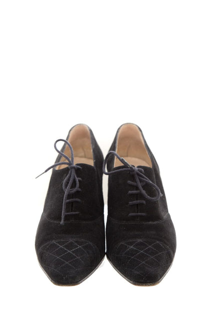 Chanel Black Suede Lace Up Low Heels SZ 37