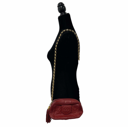 CHANEL Vintage CC Red Lambskin Gold Chain Tassel Camera Bag Crossbody