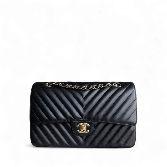 Chanel Classic Flap Medium - 25CM Chevron Lambskin Black Gold Hardware Series 23