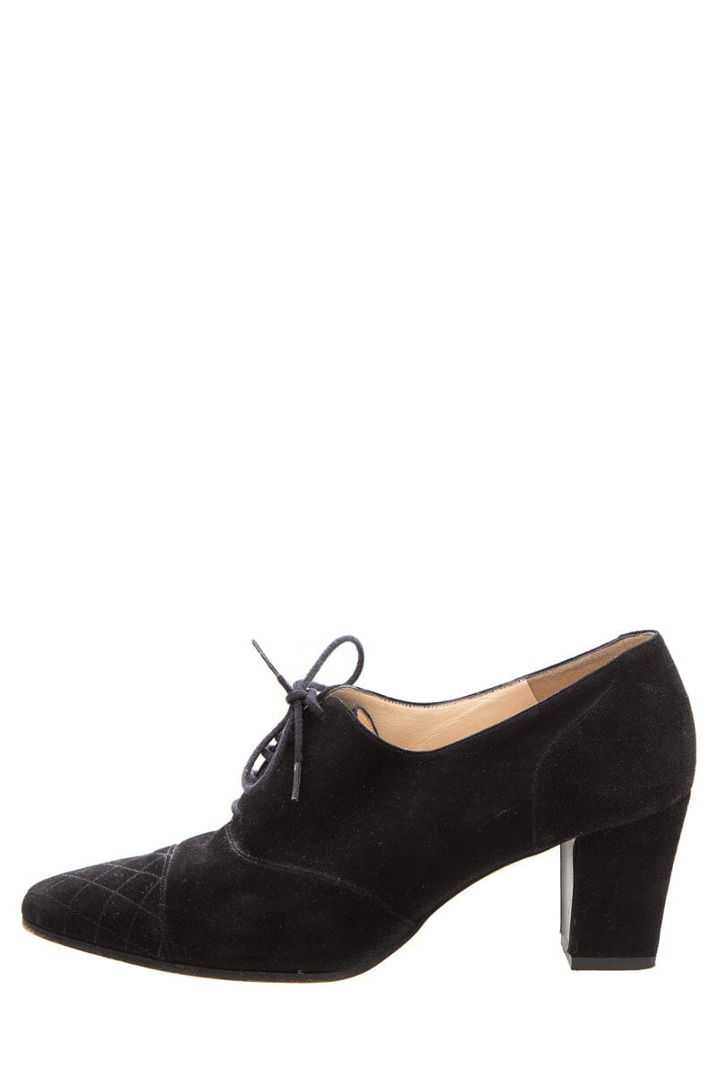 Chanel Black Suede Lace Up Low Heels SZ 37