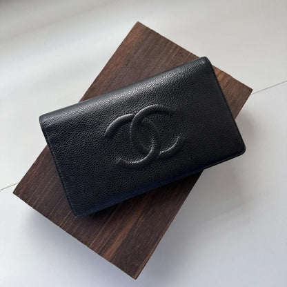 Chanel Black Caviar Leather Timeless L Yen Wallet MR