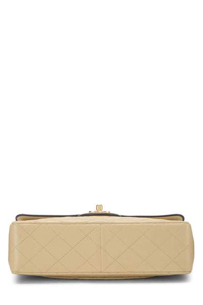 Chanel,  Beige Quilted Lambskin Piped Half Flap Small, Beige
