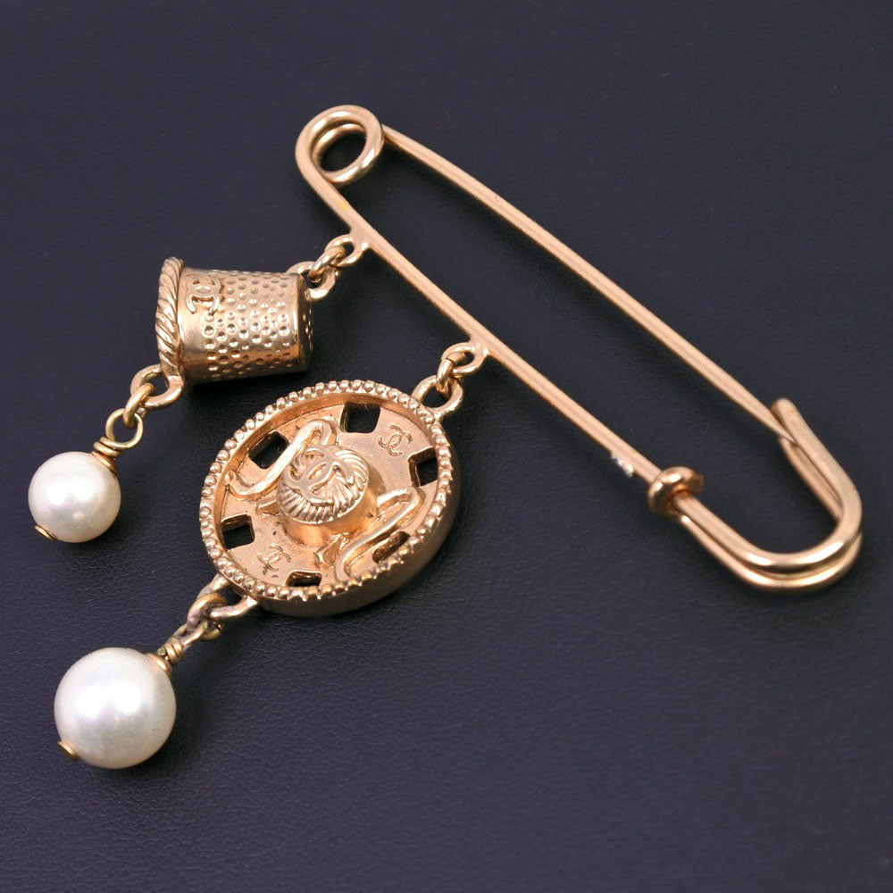 CHANEL Brooch Plated Gold, Faux Pearl gold COCO Mark Women Used