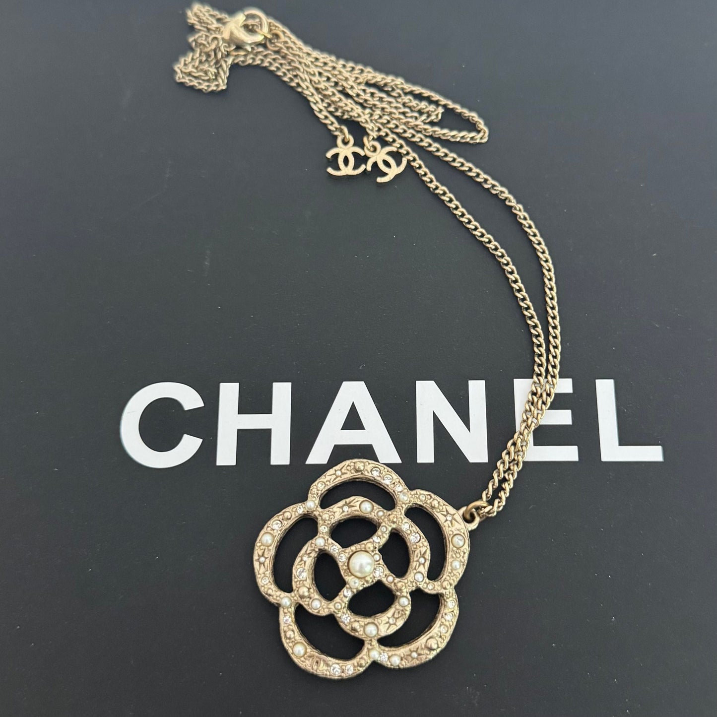 Chanel Faux Pearl & Strass Camelia Pendant Necklace - Gold-Plated Pendant Necklace, Necklaces