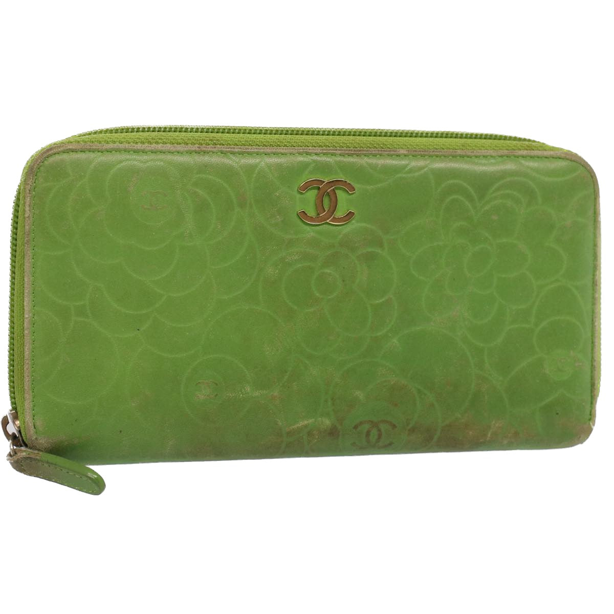 Chanel Camelia Long Wallet Leather Green CC Auth