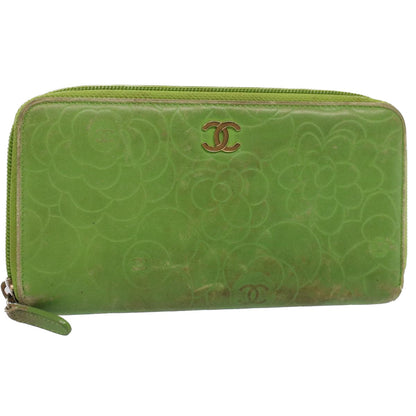 Chanel Camelia Long Wallet Leather Green CC Auth