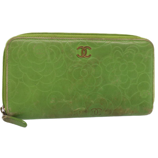 Chanel Camelia Long Wallet Leather Green CC Auth