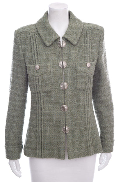 Chanel Green Tweed Zip Up Jacket SZ 42 NWT