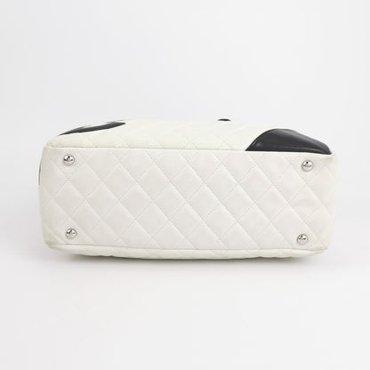 Chanel Cambon Medium Shoulder Bag White Calfskin Leather Black Double Strap