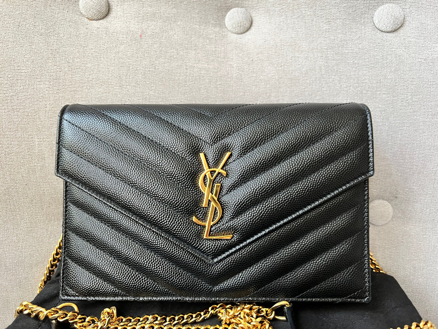 Yves Saint Laurent (YSL) Black Cassandra Envelope Chain Wallet