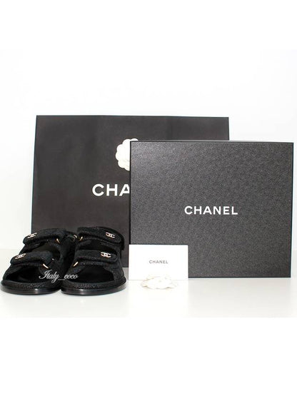 CC Logo Velcro Suede Kidskin Sandals Black Chanel