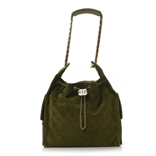 Suede Quilted Medium Chanel 25 Handbag Khaki